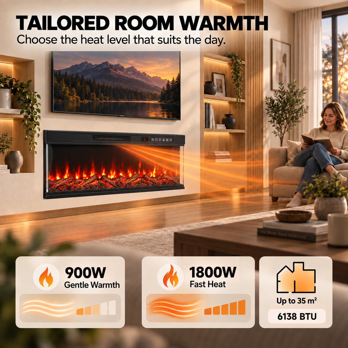 127cm Electric Fireplace Insert | 3-Sided Panoramic Log Effect | 900/1800W, 12 Colours, Remote & Timer | Black