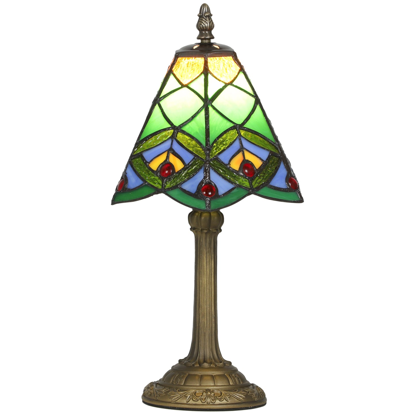 Tiffany-Style Table Lamp with Geometric Patterns, Handcrafted Antique Stained Glass Bedside Lamp for Living Room and Bedroom, E27 Socket, Green