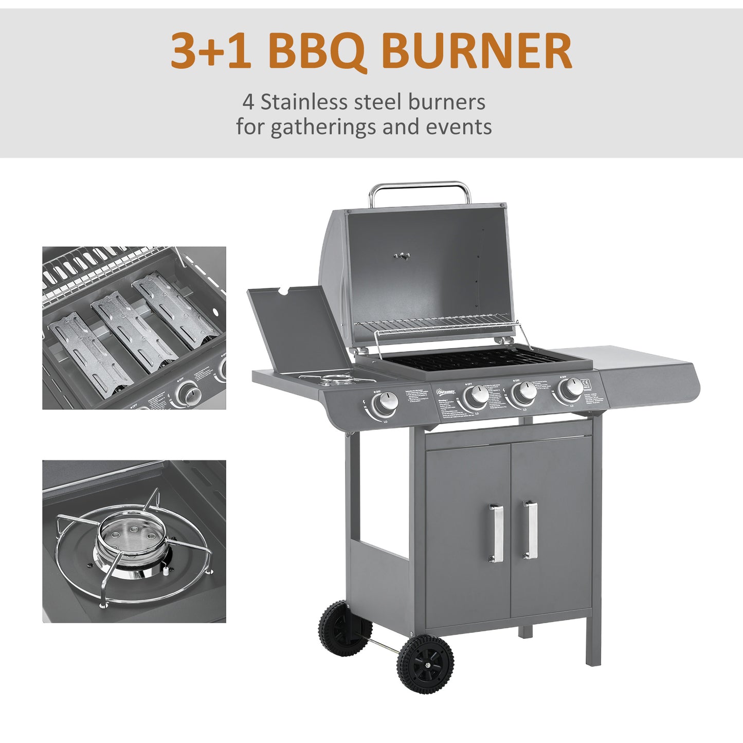 3+1 Burner Gas BBQ Grill, Outdoor Barbecue Trolley with Wheels, Warming Rack, Side Shelves, Cabinet, Thermometer for Garden, Party, Camping,