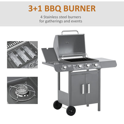 3+1 Burner Gas BBQ Grill, Outdoor Barbecue Trolley with Wheels, Warming Rack, Side Shelves, Cabinet, Thermometer for Garden, Party, Camping,