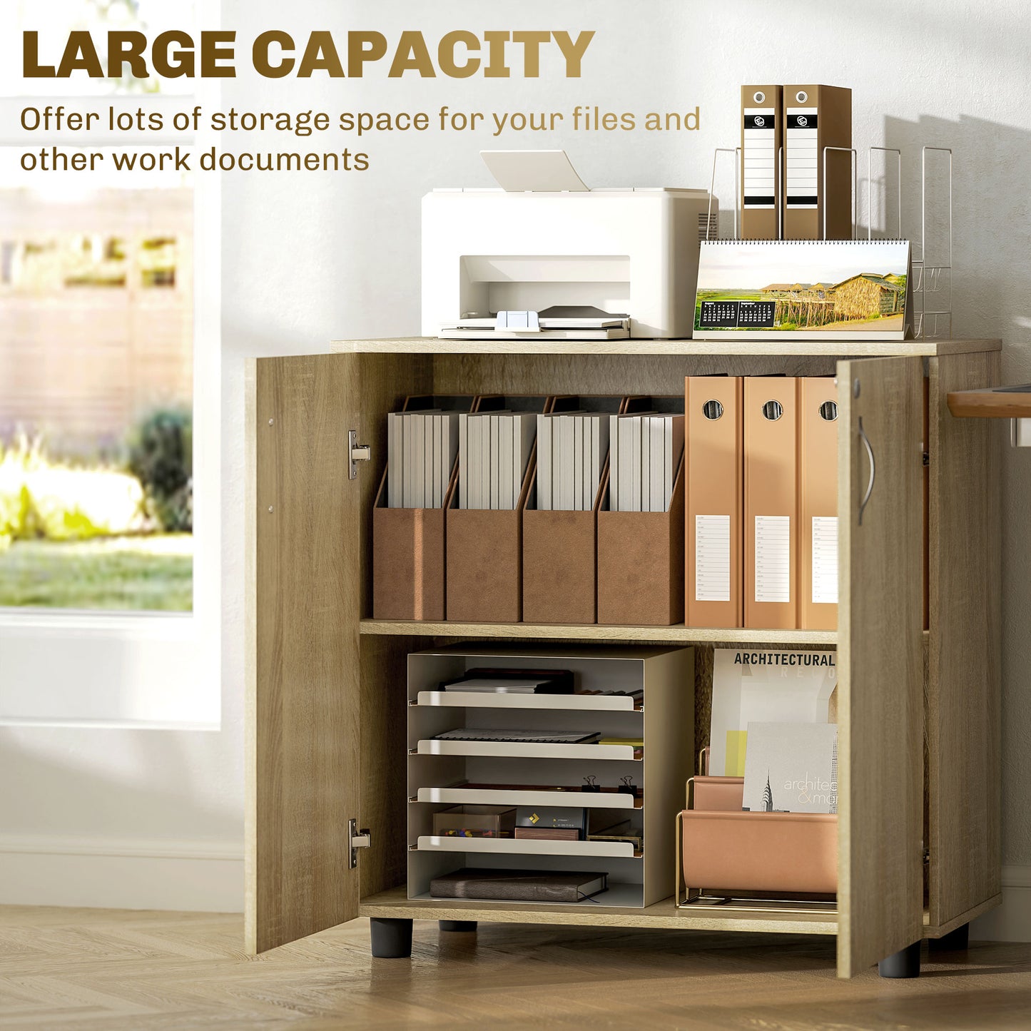 2 Tier Locking Office Storage Cabinet | 80x40x80cm | 2 Hinged Doors | Inner Shelf | 2 Keys | Anti-Slip Feet | Flat Top | 20kg | Oak