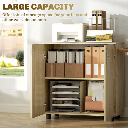 2 Tier Locking Office Storage Cabinet | 80x40x80cm | 2 Hinged Doors | Inner Shelf | 2 Keys | Anti-Slip Feet | Flat Top | 20kg | Oak