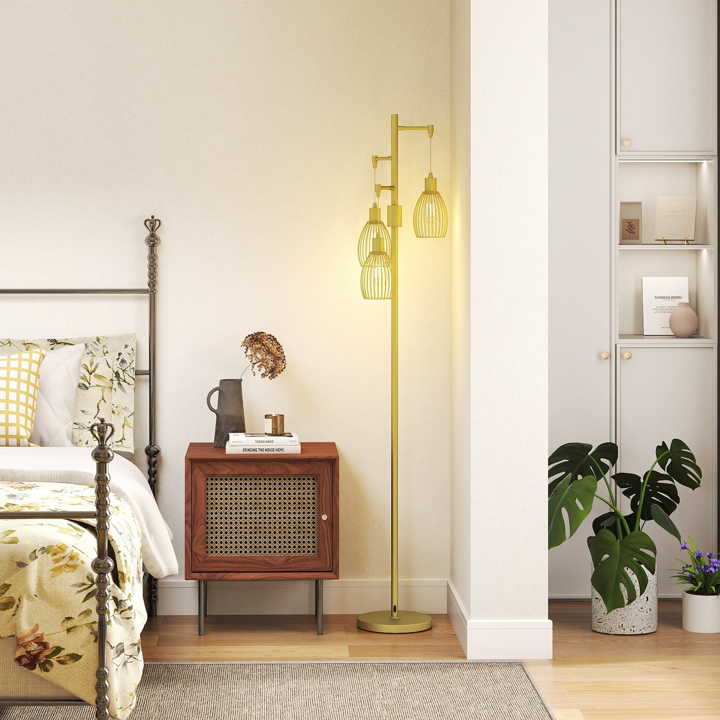 70cm Industrial 3-Light Floor Lamp, Dimmable Standing Lamp with Steel Lampshades for Living Room, Bedroom, Dinging Room, Study, Gold Tone