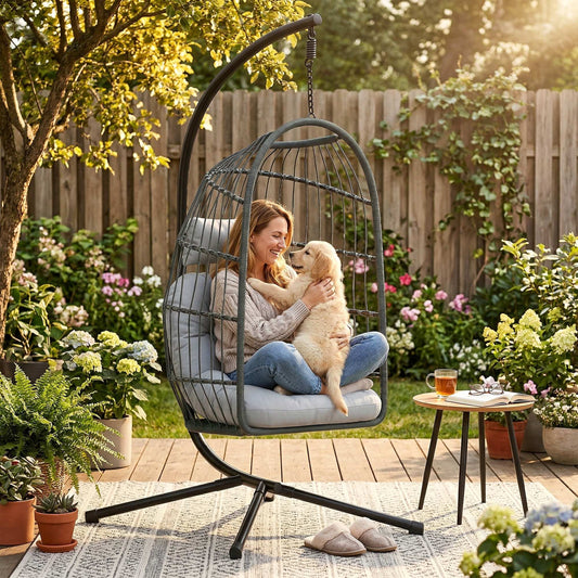 Hanging Egg Chair with Stand | 15cm Cushion | Foldable Basket | Safety Strap | Dark/Light Grey