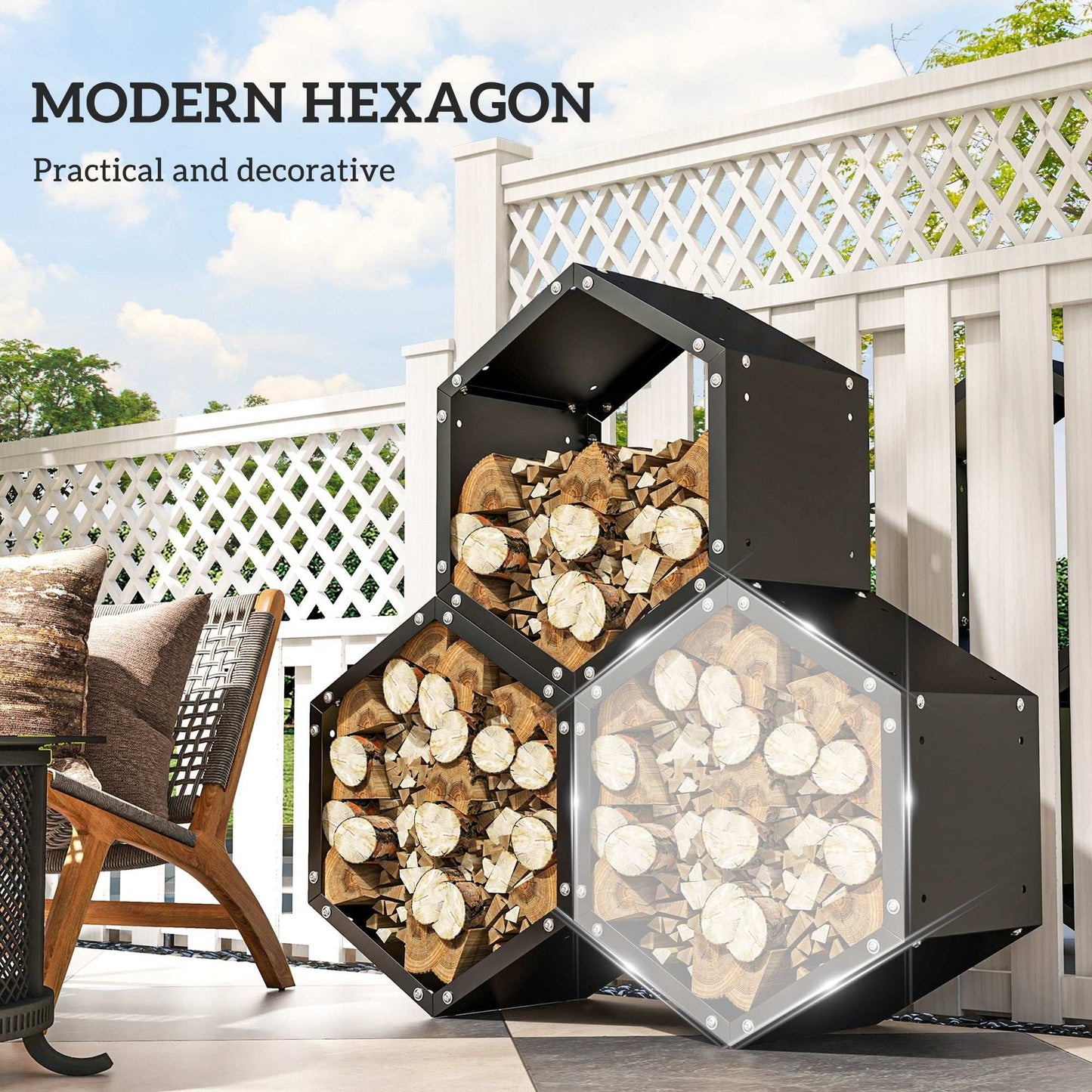 Outsunny Fireplace Log Rack, Steel Firewood Log Holder, 3 Hexagon Boxes, Indoor Outdoor Wood Storage Shelf, 113 x 37 x 113cm, Black