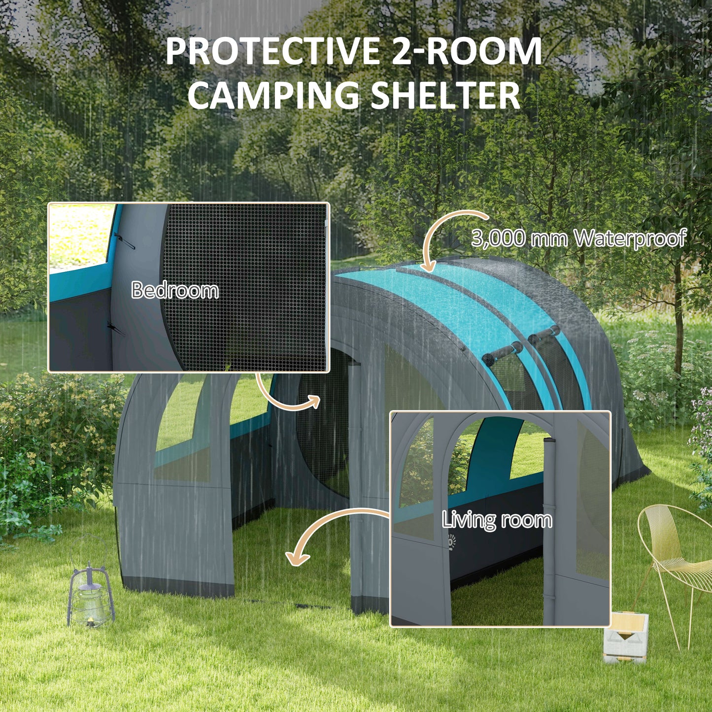 Outsunny 3000mm Waterproof Camping Tent, 5-6 Man Family Tent with Living and Bedroom, Carry Bag Included, Grey and Blue