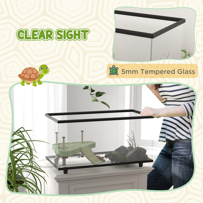 PawHut 50L Glass Turtle Tank Aquarium with Basking Platform, Easy-Drain, Strip Patch Thermometer