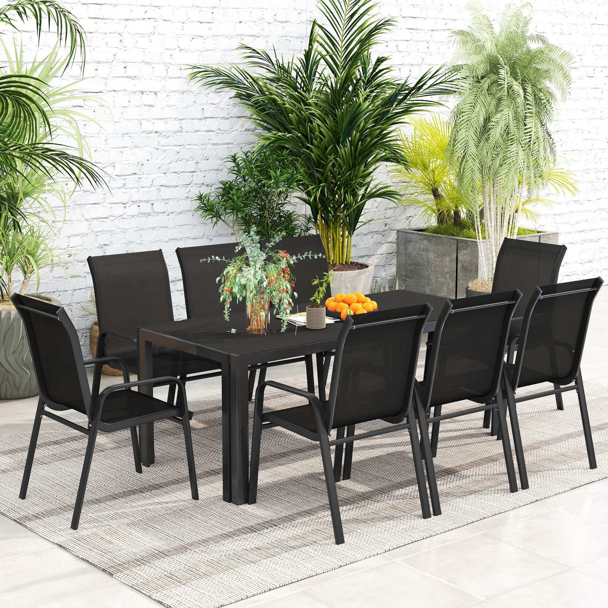 Outsunny 8 Seater Garden Dining Set with, Rectangular Tempered Glass Top, Outdoor Dining Table and Chairs for Patio, Balcony, Poolside, Black