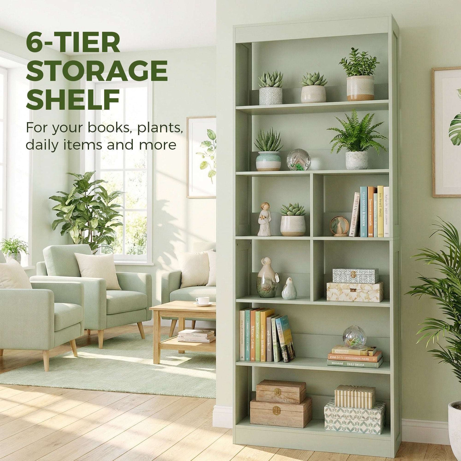 6-Tier Bookcase | 4 Open Shelves & 4 Cubes | 180cm Tall | Anti-Tip Hardware & Back Baffles | Water & Scratch-Resistant Melamine | 35kg Total 5kg Per Tier | 68x24x180cm | Bean Paste Green