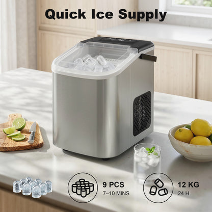 Countertop Ice Maker Machine – 9 Cubes in 7 Mins, 12kg/24hr, 2 Bullet Sizes, Self-Cleaning, Portable, Stainless Steel, For Home, Kitchen & Office