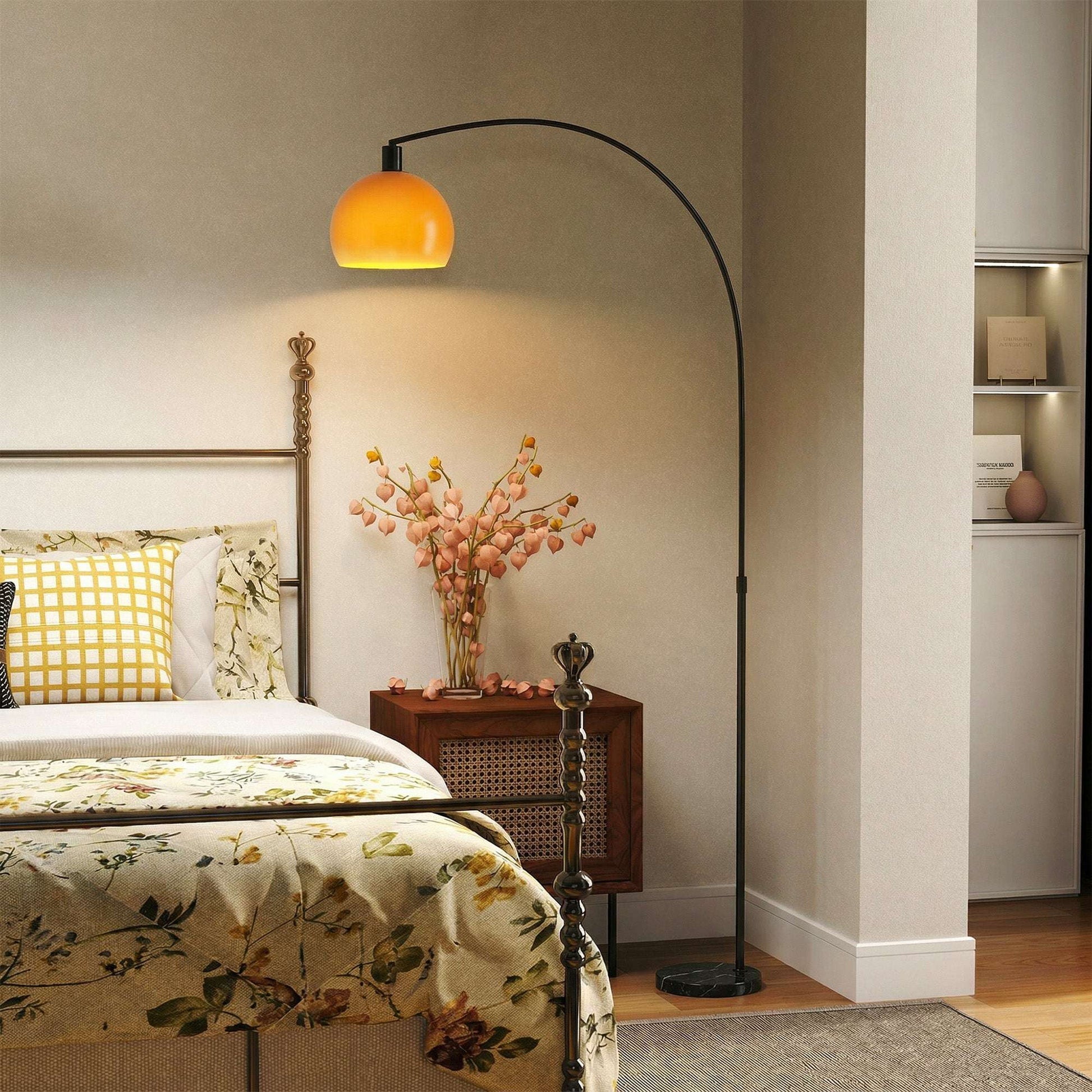 Modern Floor Lamp | Marble Base | Curved Head | Round Shade | Foot Switch | E27 | LED Compatible | 180cm | Black