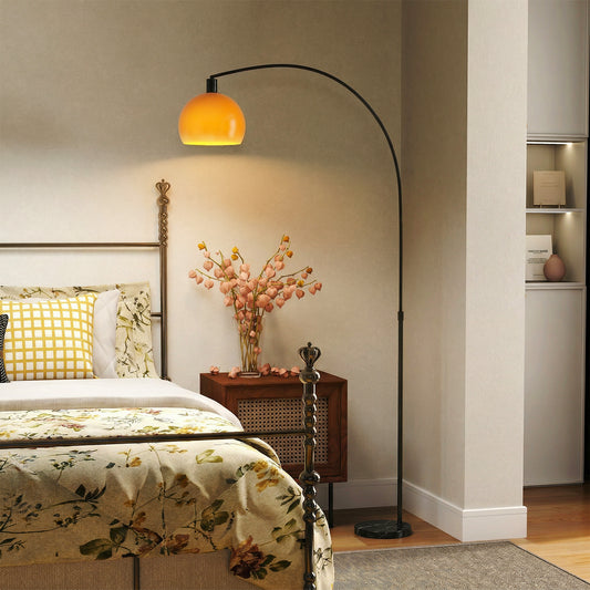 Modern Floor Lamp | Marble Base | Curved Head | Round Shade | Foot Switch | E27 | LED Compatible | 180cm | Black