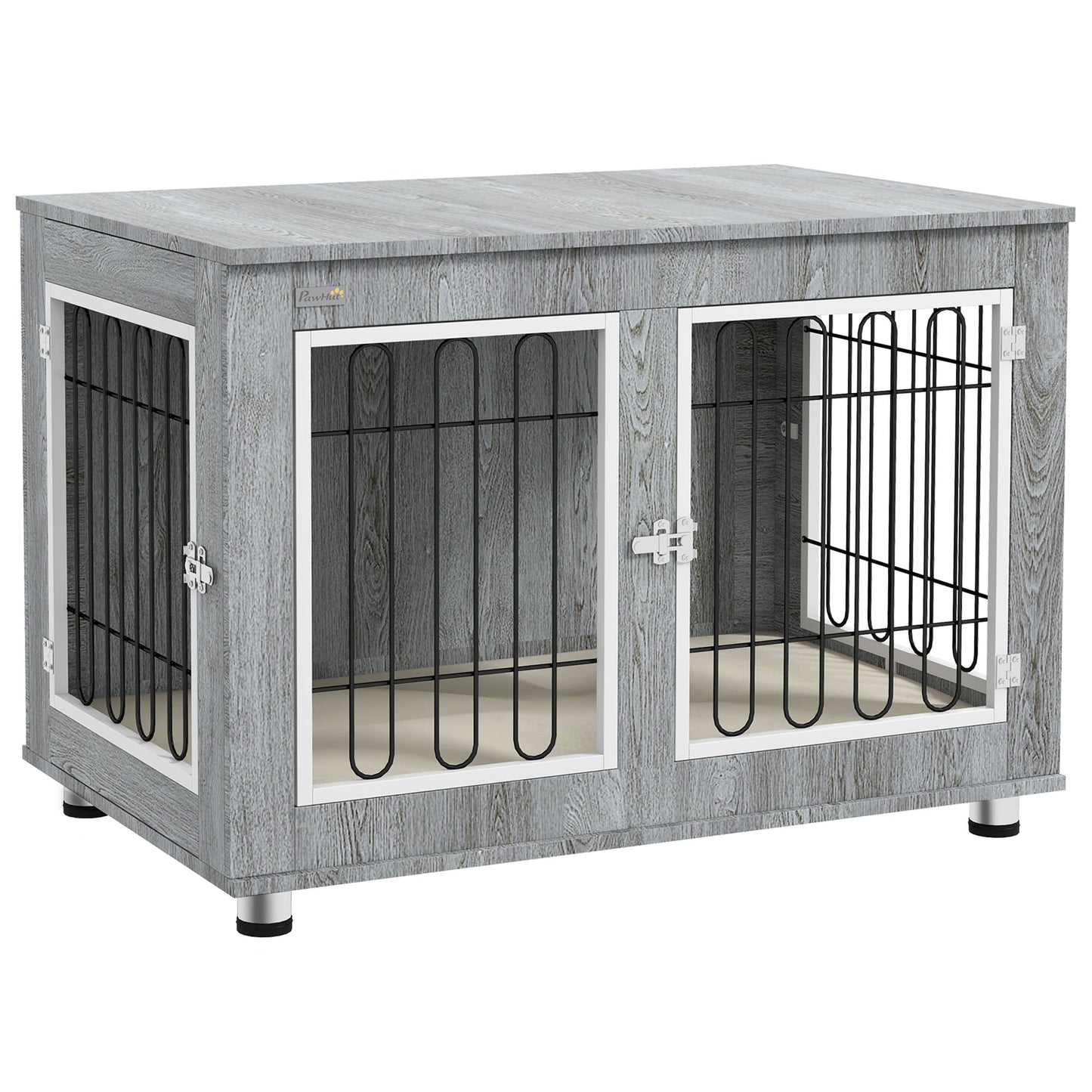 PawHut Dog Crate Furniture Side Table | Washable Cushion | Double Doors | Medium & Large Dogs up to 25kg | 90 x 58 x 65cm | Grey