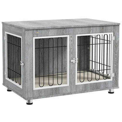 PawHut Dog Crate Furniture Side Table | Washable Cushion | Double Doors | Medium & Large Dogs up to 25kg | 90 x 58 x 65cm | Grey