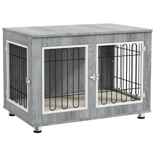 PawHut Dog Crate Furniture Side Table | Washable Cushion | Double Doors | Medium & Large Dogs up to 25kg | 90 x 58 x 65cm | Grey