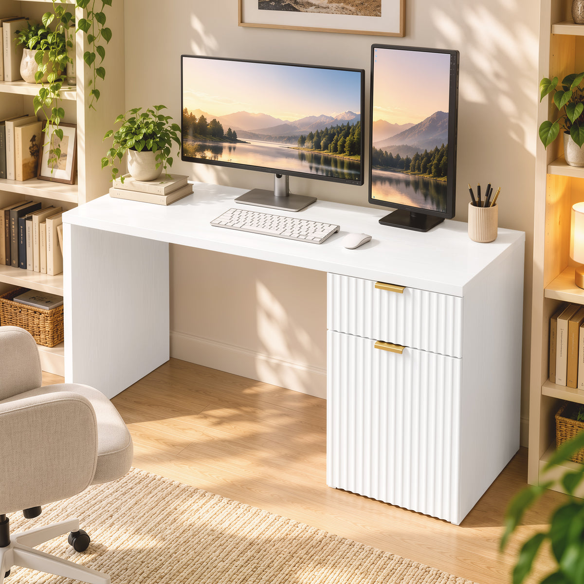 Reversible Computer Desk with Drawer & Cabinet | White & Gold MDF | 120x50x76cm | 3-Level Adjustable Shelf | Interchangeable Handles | Vanity Writing Office Desk | 60kg