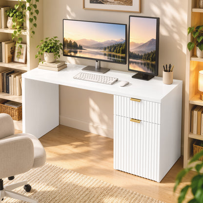 Reversible Computer Desk with Drawer & Cabinet | White & Gold MDF | 120x50x76cm | 3-Level Adjustable Shelf | Interchangeable Handles | Vanity Writing Office Desk | 60kg