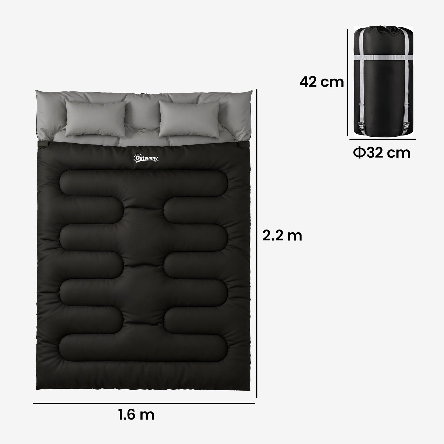 Outsunny Double Sleeping Bag with 2 Pillows, 220 x 160 cm Extra-Large Sleeping Bag for Adults