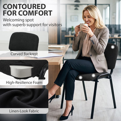 Stackable Office Reception Chairs Set of 4 | Black Padded Meeting Chairs | Steel Frame | 120kg Capacity