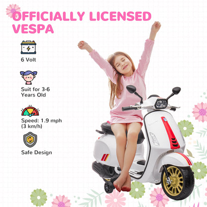 AIYAPLAY 12V Vespa Licensed Kids Electric Motorbike w/ Music, Headlights, FM Radio, for 3-6 Years - White
