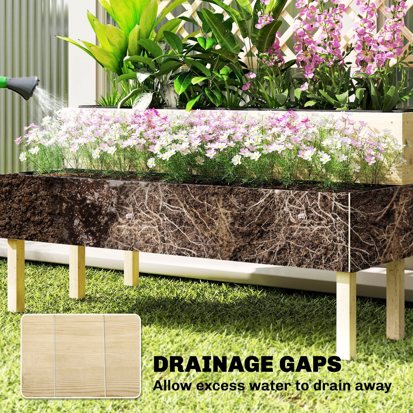 2-Tier Stepped Raised Garden Bed with Trellis | Fir Wood | 2 Planter Boxes with Liners | Drainage Gaps | 40kg Capacity | Ergonomic Tiered Design | 108x62x120cm | Natural Wood