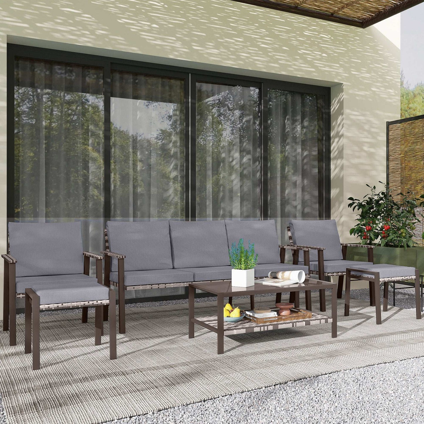 Outsunny 5 Piece Rattan Garden Furniture Set with 3-Seater Sofa 2 Chairs and 2 Footstools - Grey