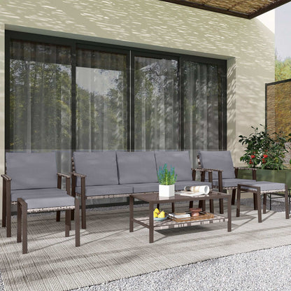 Outsunny 5 Piece Rattan Garden Furniture Set with 3-Seater Sofa 2 Chairs and 2 Footstools - Grey