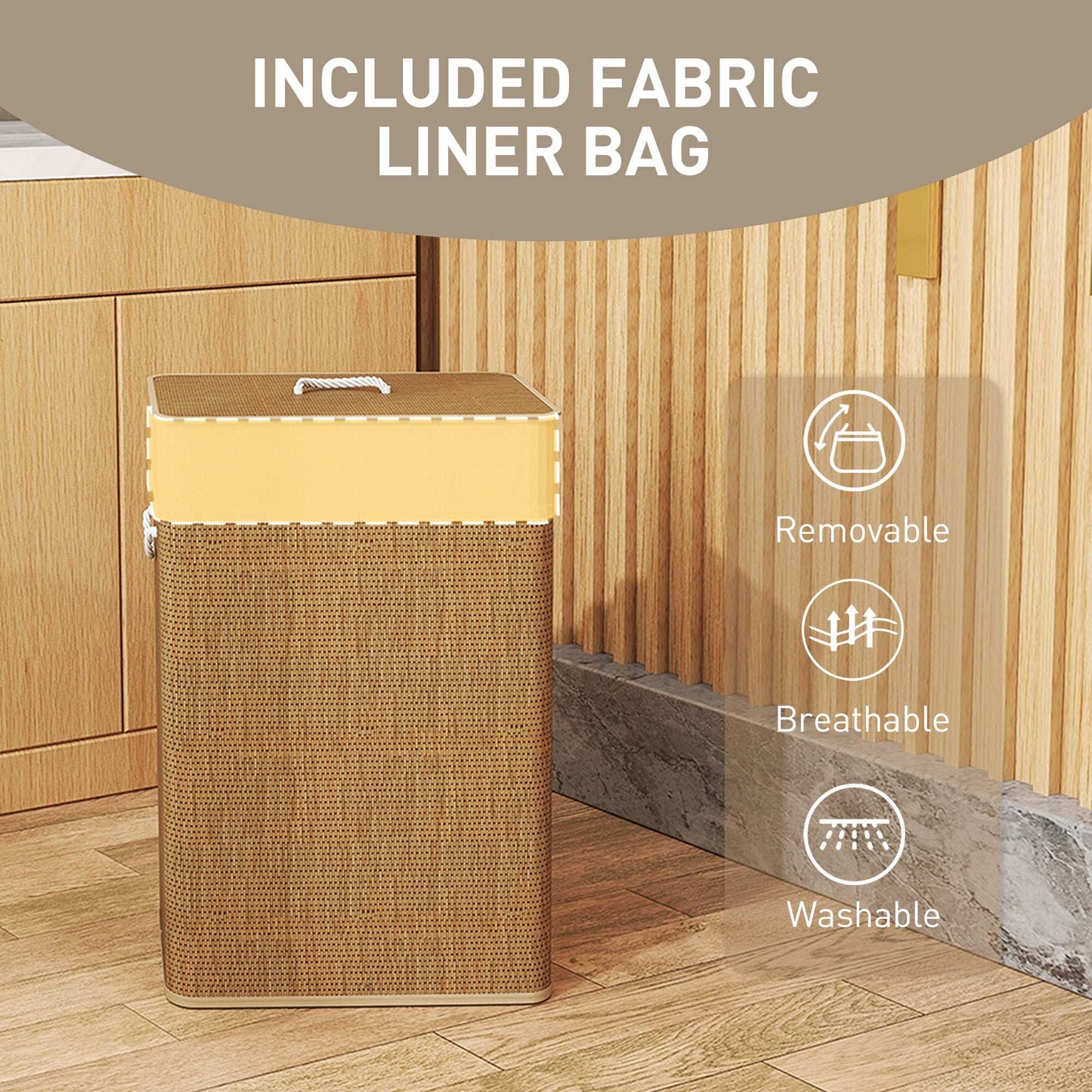 Bamboo Bathroom Washing Laundry Basket with Lid, 72L Laundry Hamper with Rope Handles for Bathroom, Bedroom, Brown