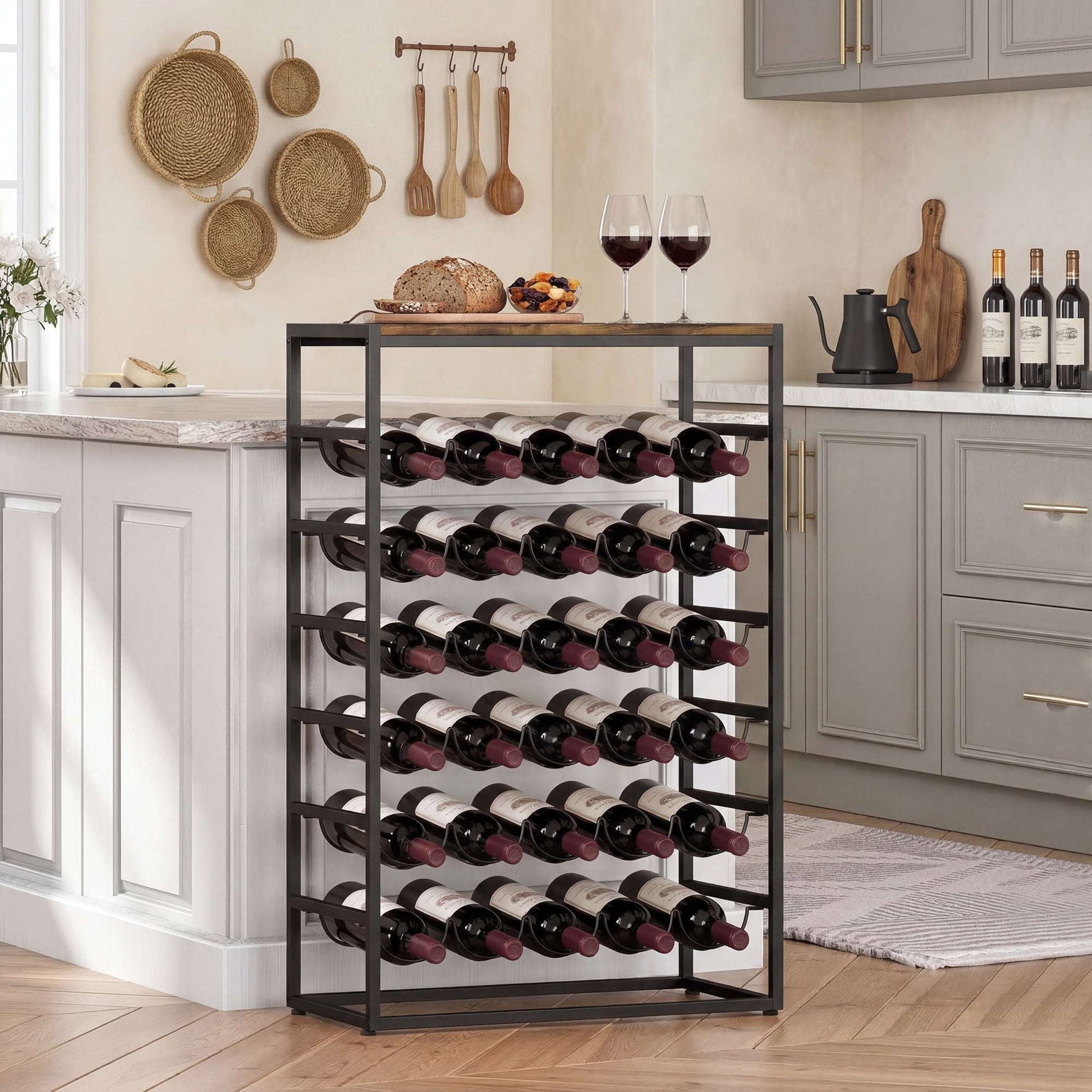 Freestanding Wine Rack | 6-Tier | 30 Bottles | Wood Effect Tabletop | Wave Slots | Anti-Tip | 59x30x88.5cm | Rustic Brown