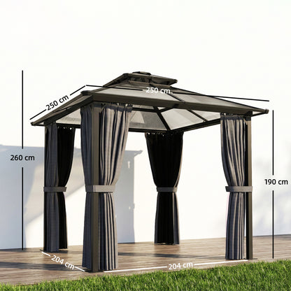 2.5x2.5m Hardtop Gazebo | 6mm Polycarbonate Roof | Drainage Gutters | Curtains & Mesh | Ceiling Hook | Dark Grey