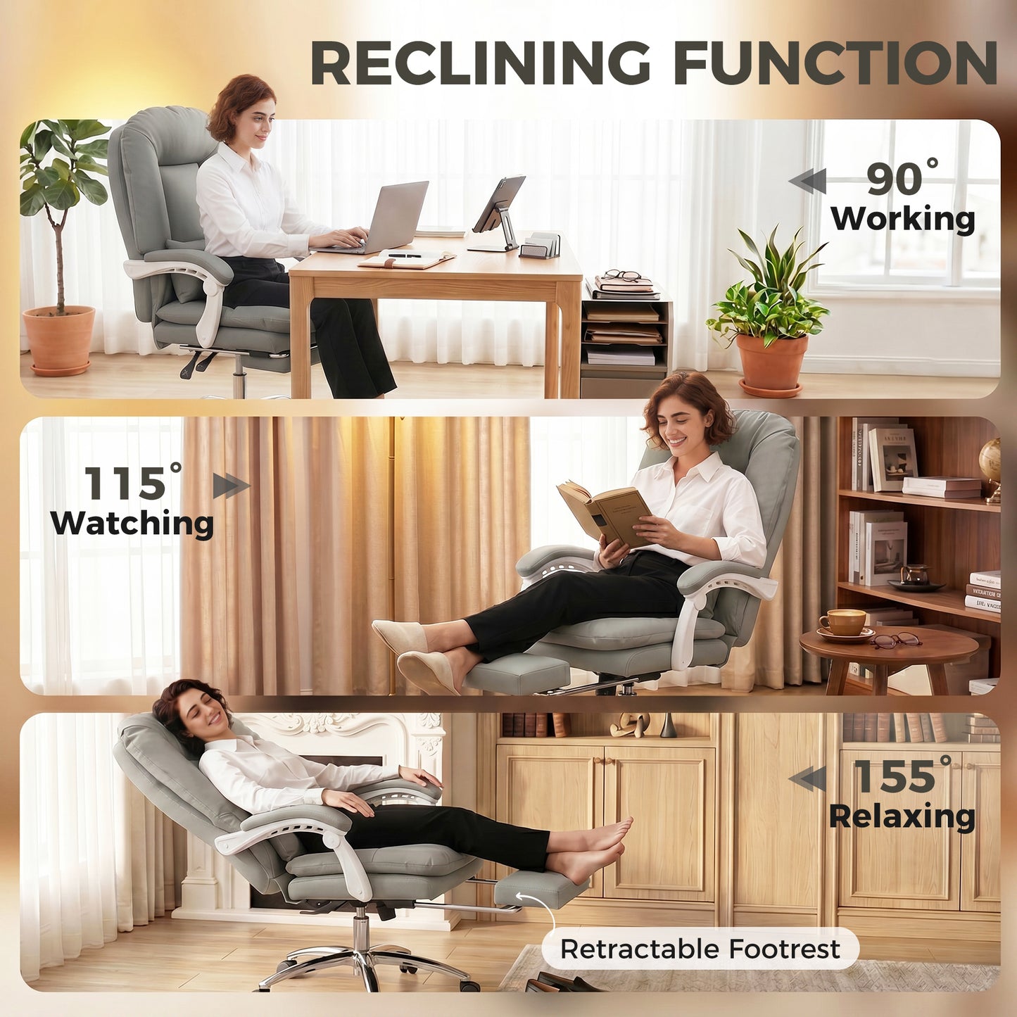 Velvet Executive Office Chair | 155° Recline & Footrest | Lumbar Pillow | 16.5cm Cushion | EN1335 | 120kg | Grey