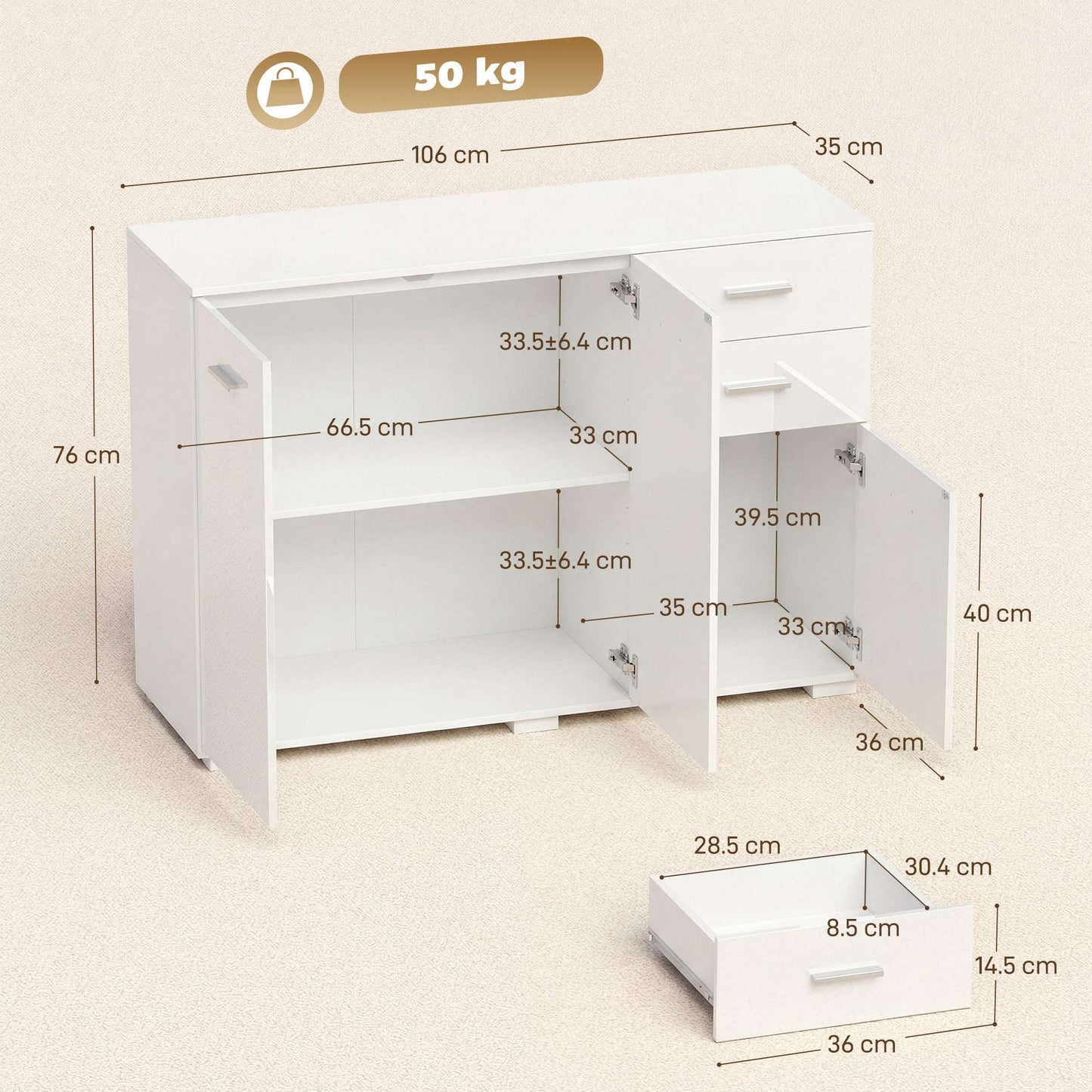 Sideboard, Modern Storage Cabinet with 2 Drawers, 3 Doors and Adjustable Shelves, High Gloss White