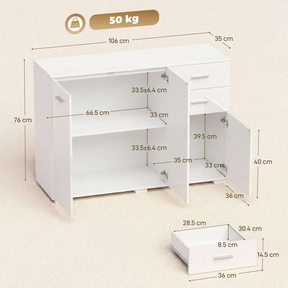 Sideboard, Modern Storage Cabinet with 2 Drawers, 3 Doors and Adjustable Shelves, High Gloss White
