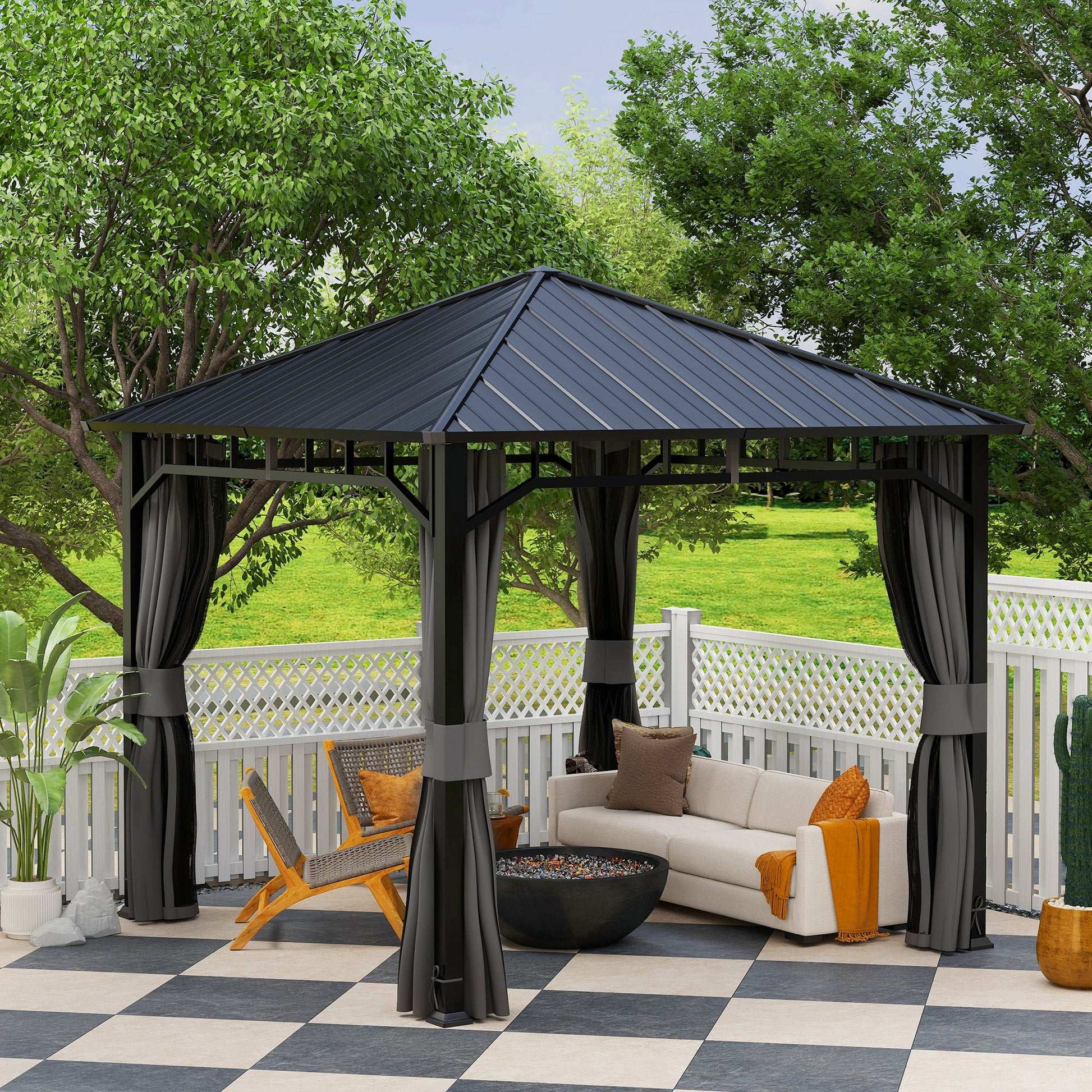 3 x 3(m) Hardtop Gazebo with Galvanised Steel Roof and Water Gutter, Waterproof Permanent Pavilion Garden Gazebo with Netting, Curtains