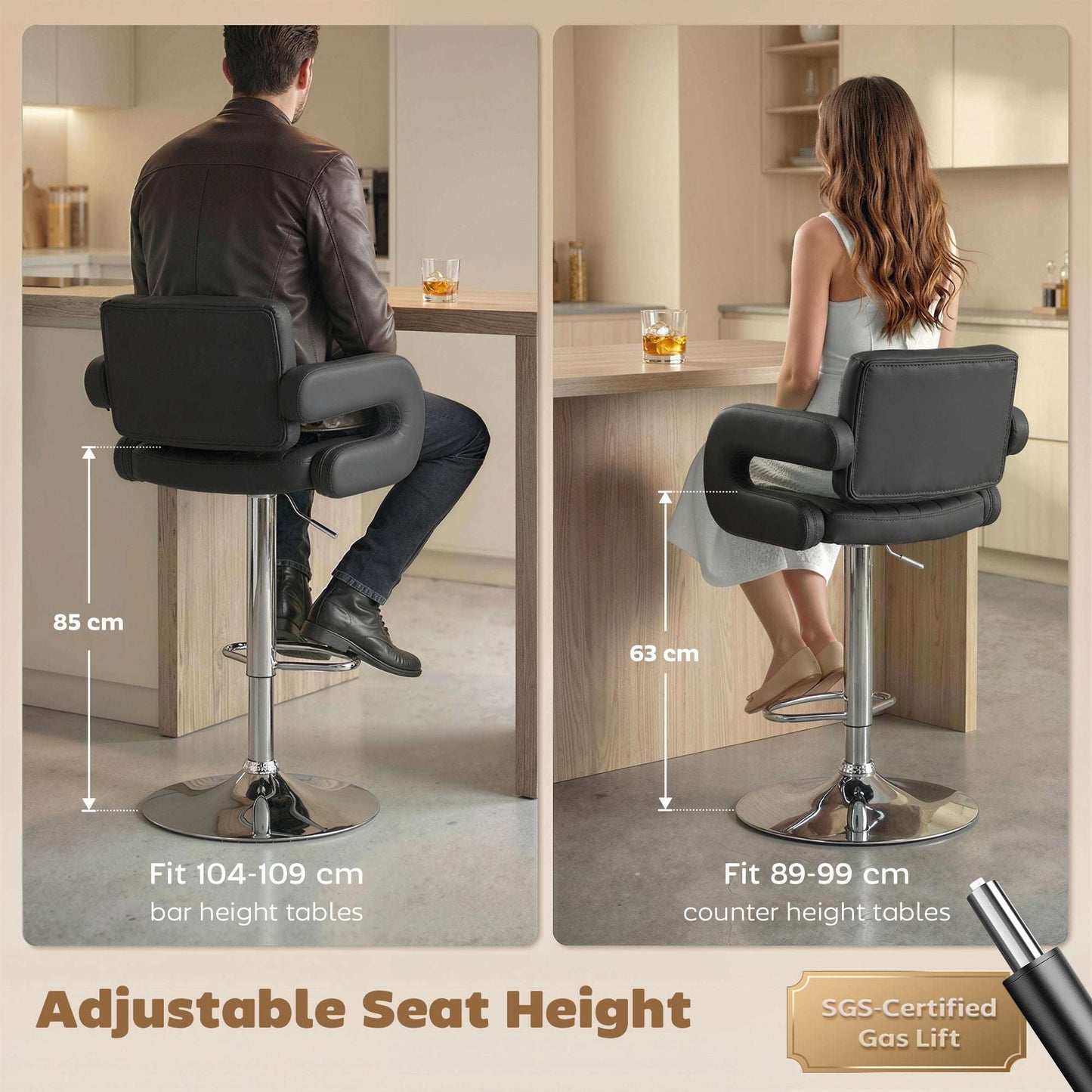 Bar Stools Adjustable Swivel Kitchen Chairs with Backrest Armrest Set of 2 PU Leather Black