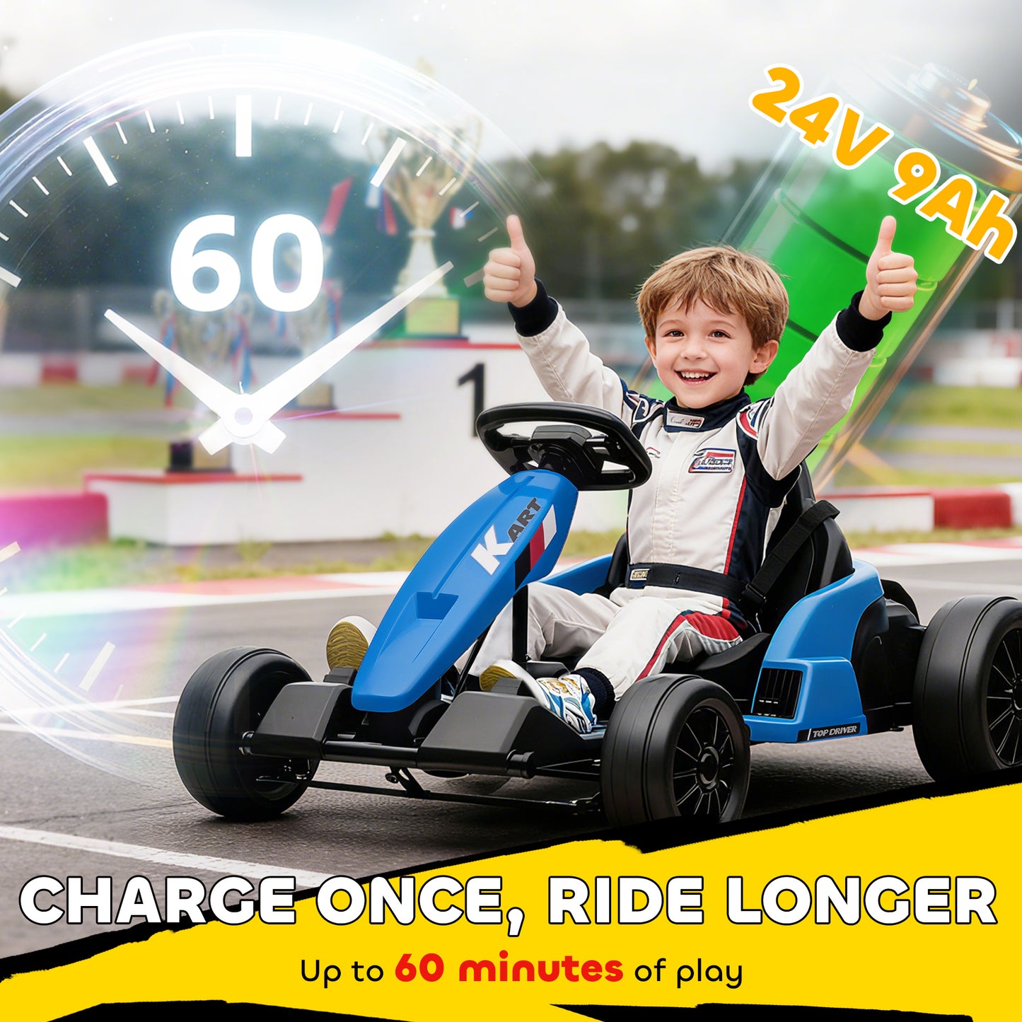 AIYAPLAY 24V Electric Go Kart, Drift Kart with Adjustable Seat, Slow Start, 5-Point Harness, Music, Horn, for 6-12 Years