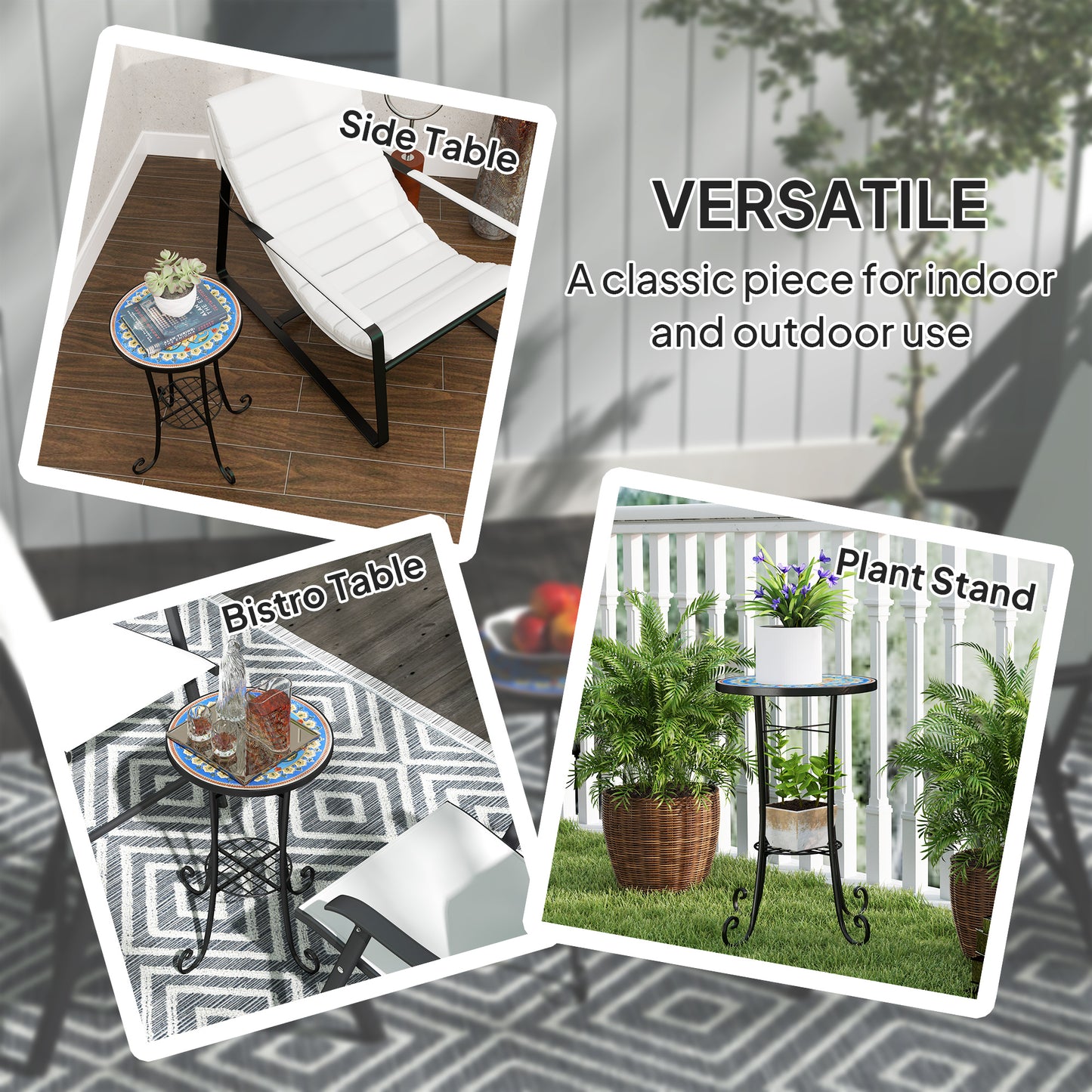 Round Mosaic Garden Bistro Side Table | Dia 35.5x54.5cm | Ceramic Tile Top | Lower Shelf | Electrophoretic Metal Frame | 30kg | Blue
