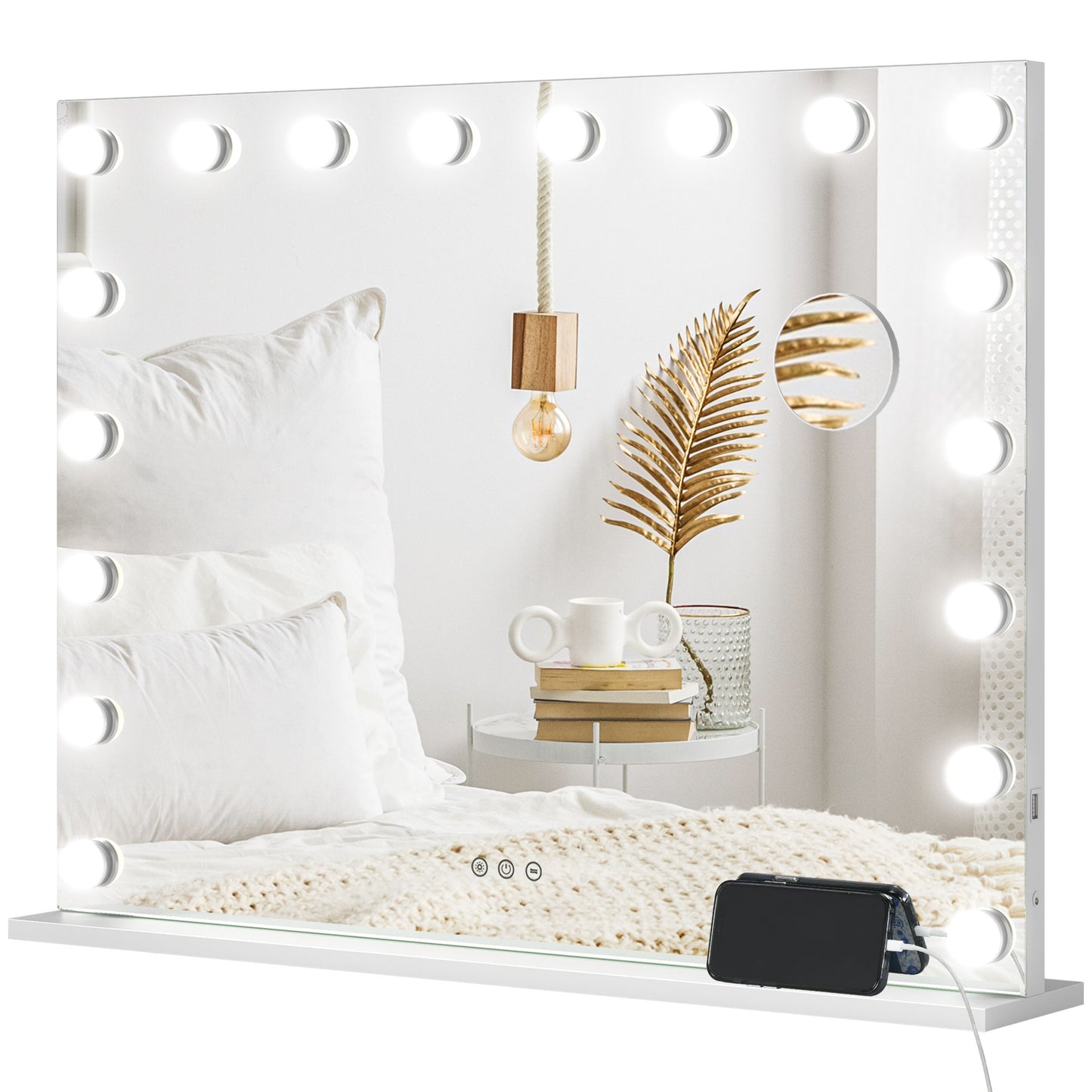 Hollywood Vanity Mirror with Lights, Large 80x62 cm Lighted Makeup Mirror with 3 Colour, 18 LED Bulbs, 10X Magnifying, USB Charging Port, Touch Screen White