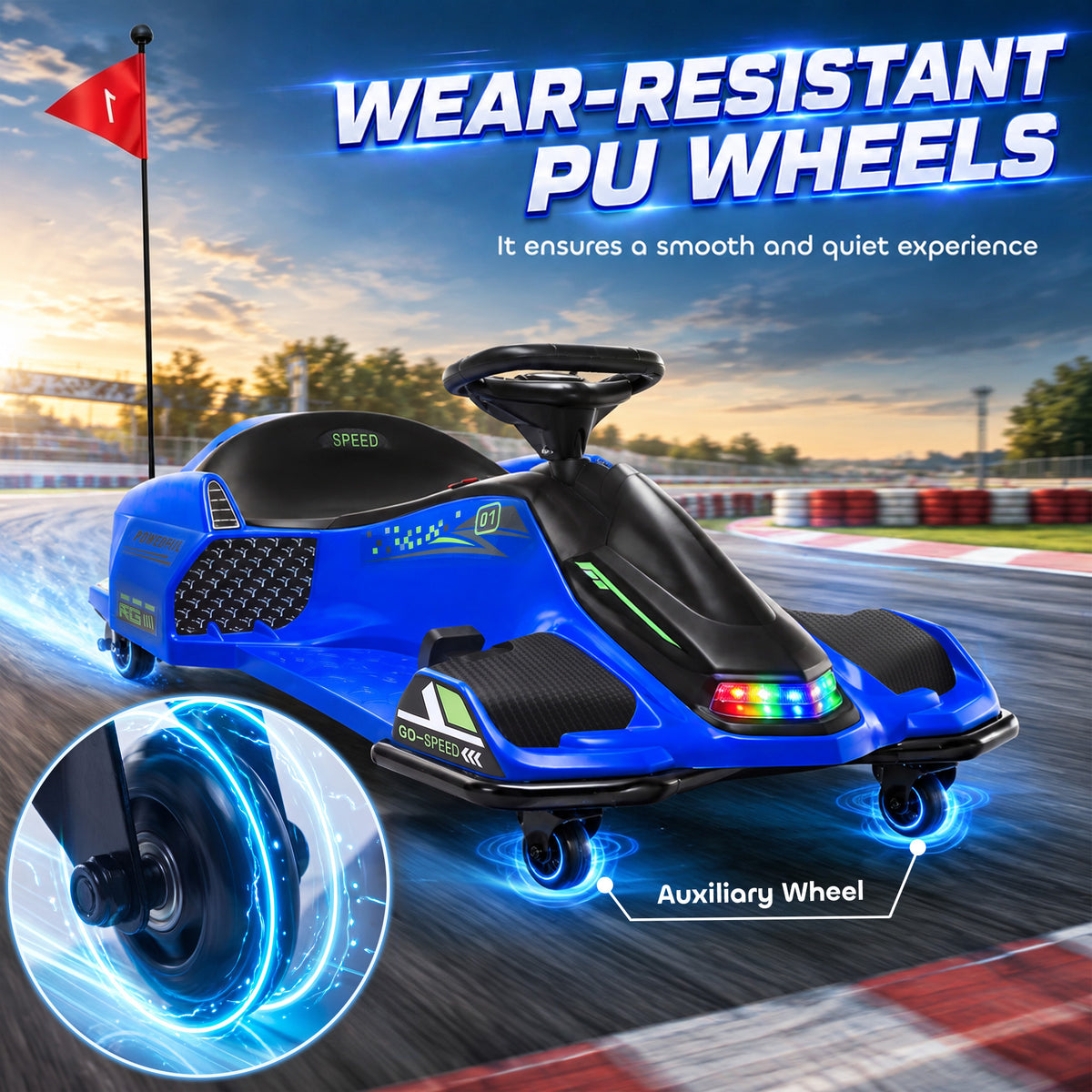 12V Kids Electric Drift Go-Kart | 2 Speeds, 3–8km/h, Soft Start & 7Ah Battery | Colourful LED Lights & Music | Blue | Ages 8–12, Max 50kg