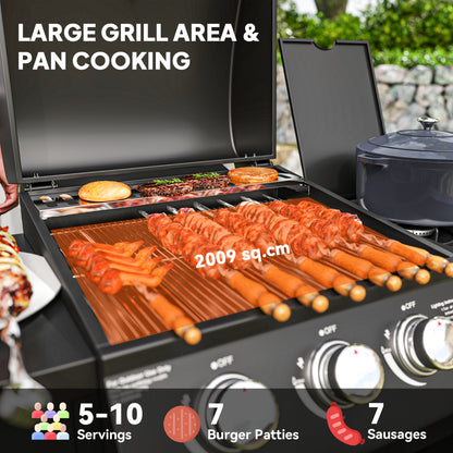 3+1 Burner Gas BBQ Grill with Storage Cabinet and Shelves, 11.6 kW Gas Barbecue Trolley with 6 Castor Wheels, Warming Rack, Thermometer