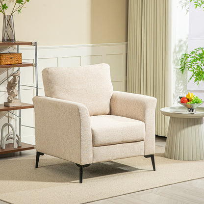 Modern Armchair, Linen Fabric Upholstered Accent Chair with Metal Legs, Wood Frame and Padded Cushion for Living Room Bedroom Office