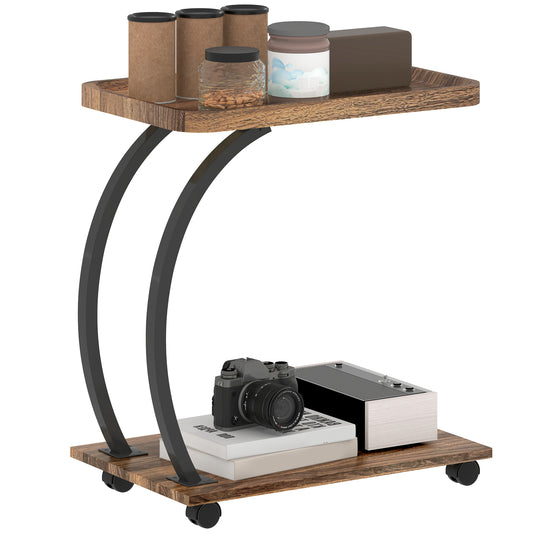 Retro Vintage Style 2-Tier Mobile C-Shaped Side Table - Brown
