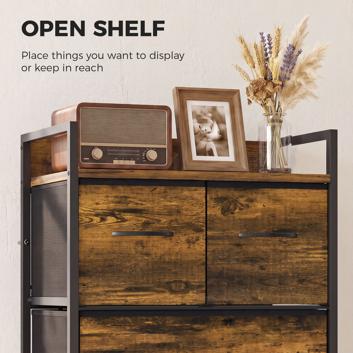 Rustic Chest of Four Fabric Drawers | Rustic Brown & Black | Particleboard Steel Linen | 50x29x85cm | 25kg Max Load | Adjustable Feet | Industrial Style | Bedroom Storage