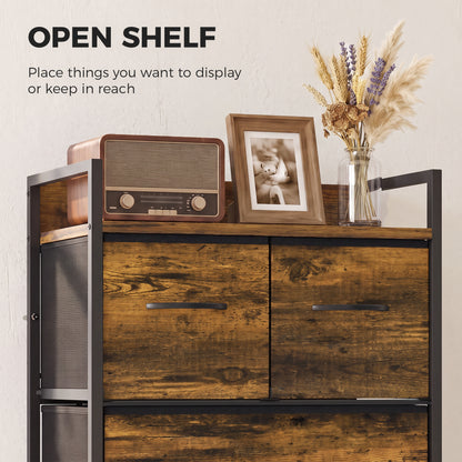 Rustic Chest of Four Fabric Drawers | Rustic Brown & Black | Particleboard Steel Linen | 50x29x85cm | 25kg Max Load | Adjustable Feet | Industrial Style | Bedroom Storage