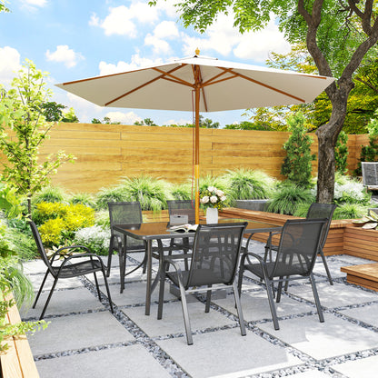 7-Piece Garden Dining Set | 6 Mesh Armchairs & Glass Table | Parasol Hole | 120kg | Charcoal Grey