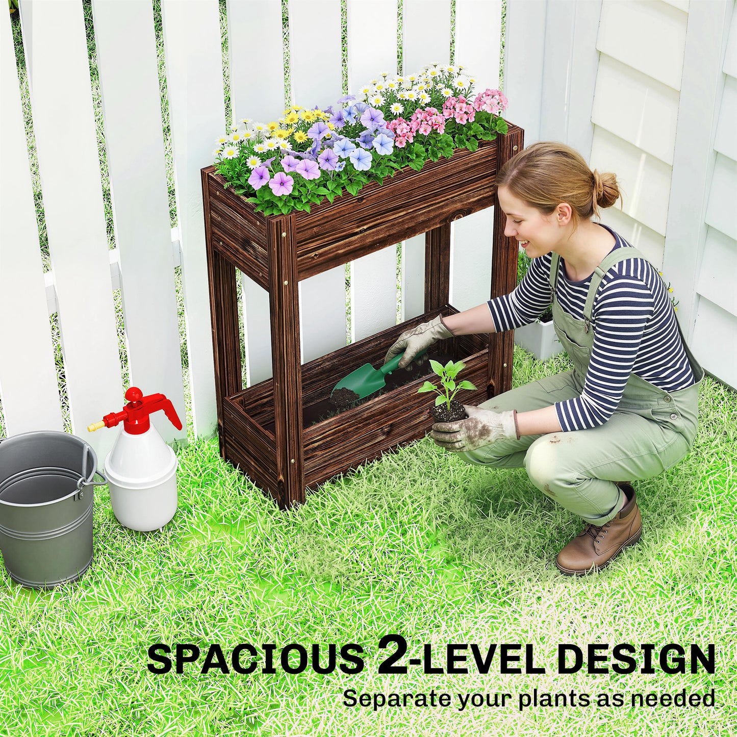 2-Tier Wooden Raised Planter, Raised Garden Bed on Legs with Drainage Holes and Bed Liner, Elevated Garden Planter