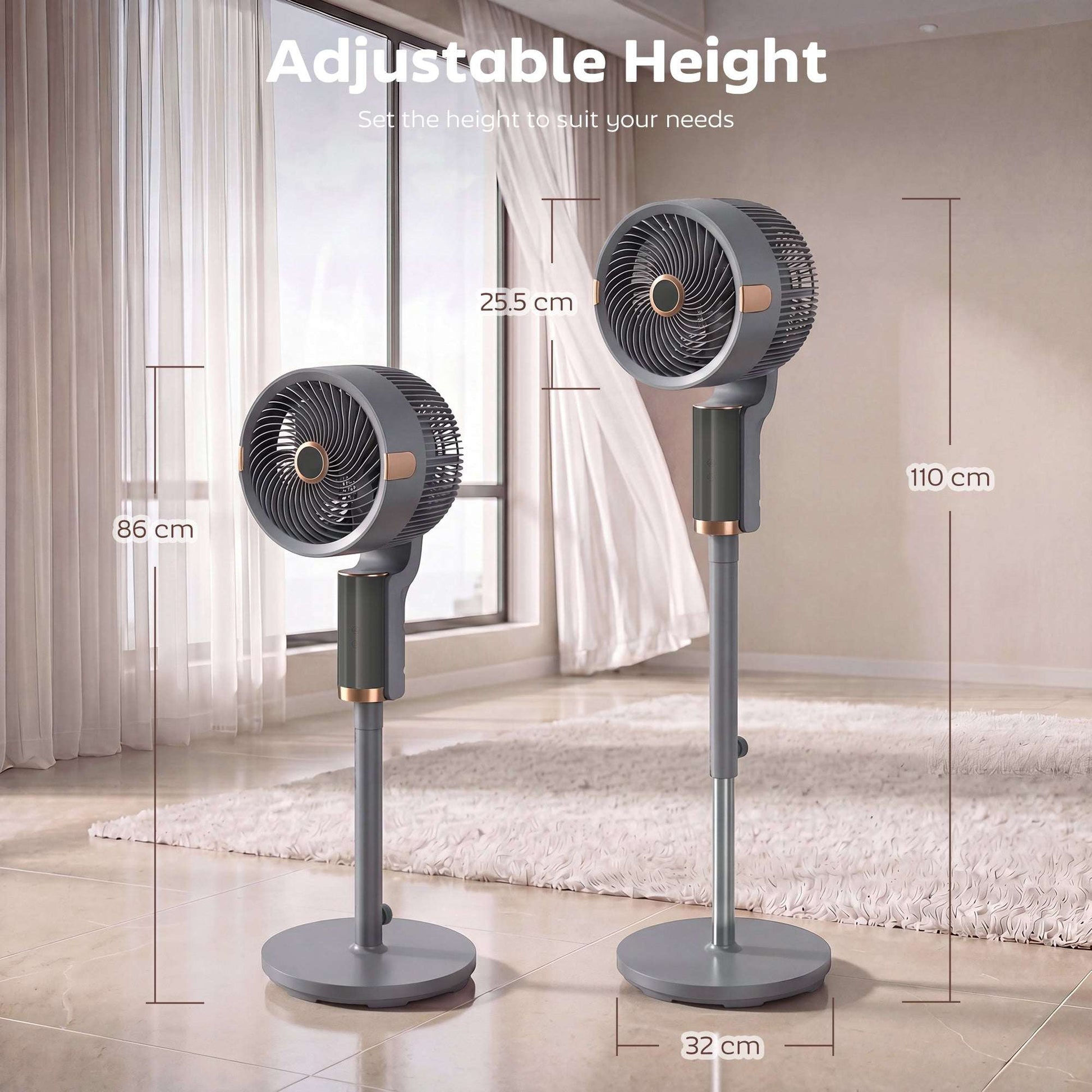 Pedestal Standing Fan | 20dB Sleep Mode | 8 Speeds | 9.5m³/min Airflow | 3D Oscillation | Aromatherapy Pad | Blue Mood Light | Detachable Grill | 5m Remote | 12H Timer | 50W | 110cm | Grey