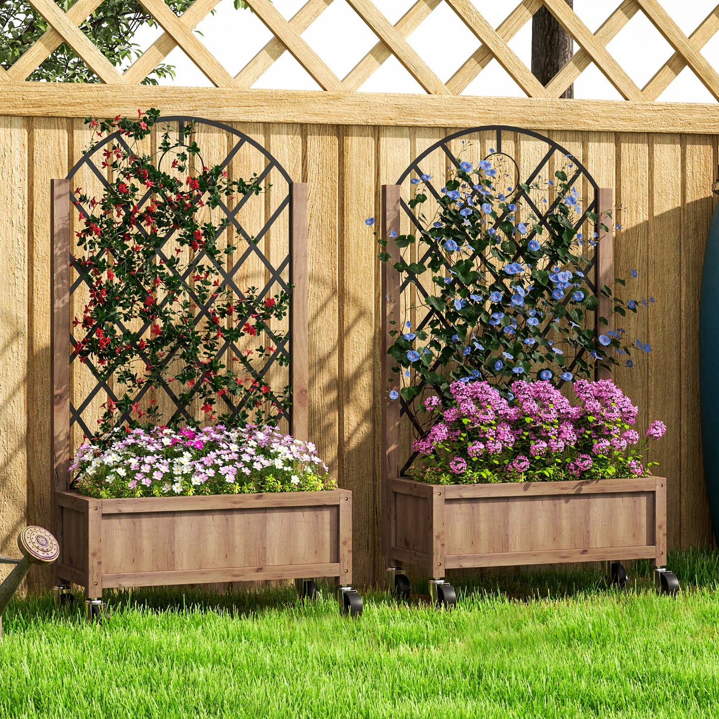 Raised Garden Bed W/ Metal Trellis, Pack of 2 Wooden Elevated Planter & Wheels and Drainage Holes for Climbing Plants, Fruits, Vegetables, Flowers