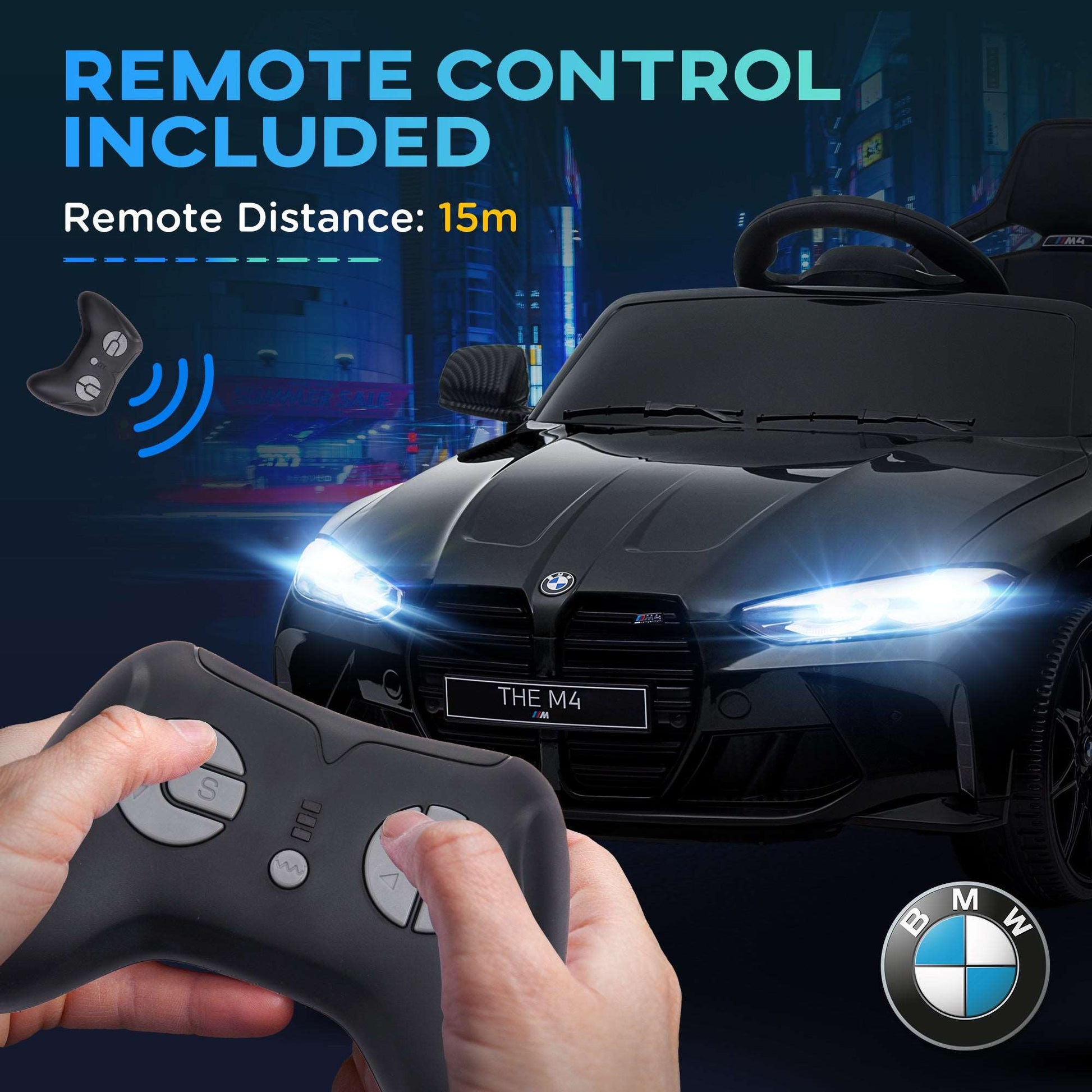 12V BMW M4 Licensed Kids Car with Easy Transport, Remote Control, Suspension, Music, Horn, LED Lights
