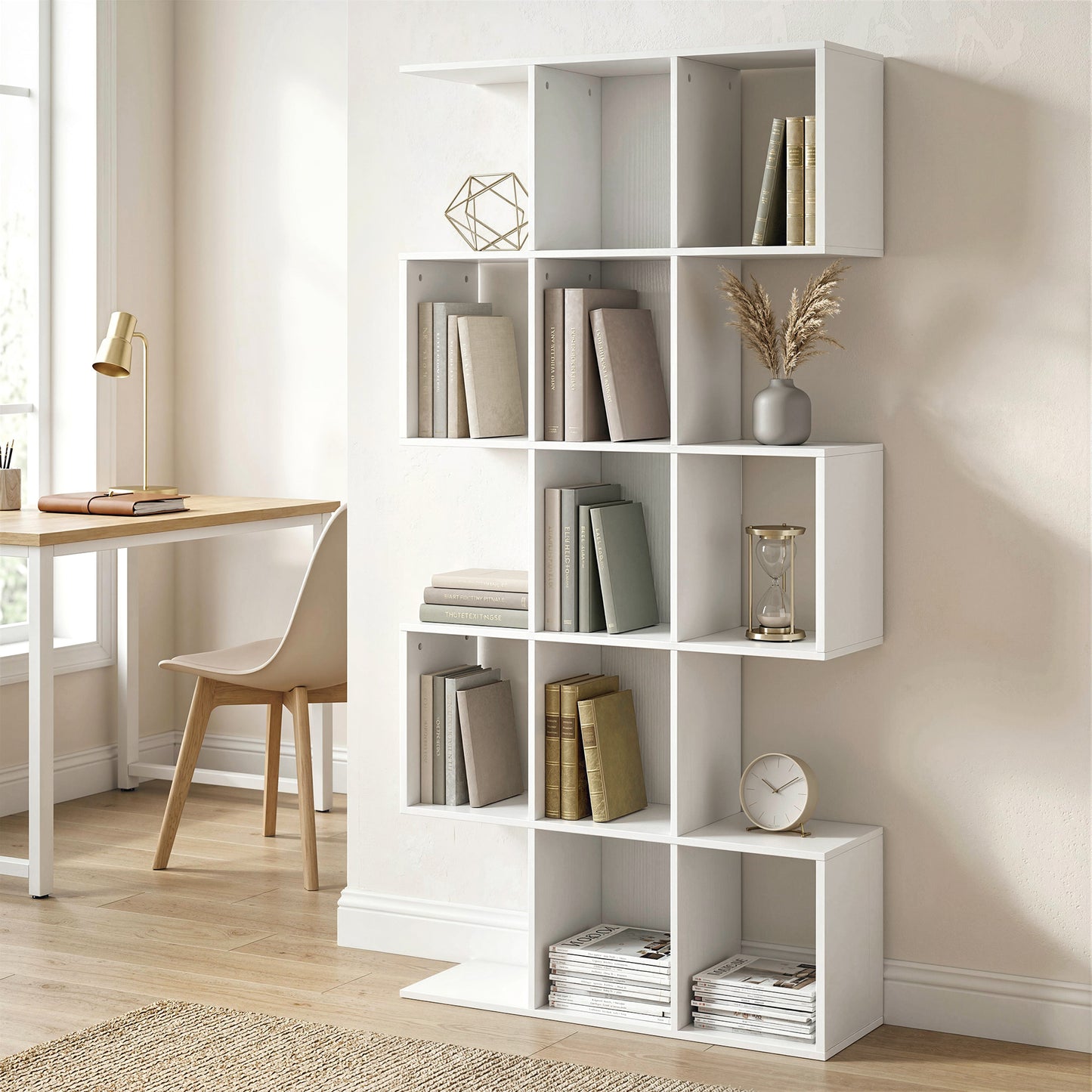 5-Tier S-Shaped Bookcase | 15 Compartments | White Wood Effect